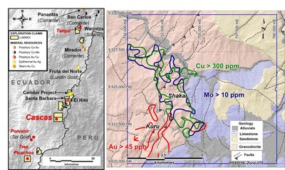 Figure 1. Location map. Left: Regional location map. Right: Contoured soil sample geochemistry with geology interpretation background and shaded topographic relief. (CNW Group/Luminex Resources Corp.)
