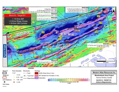 Figure 2 - Target B1, drill program highlights and airborne magnetometry (CNW Group/Western Atlas Resources)