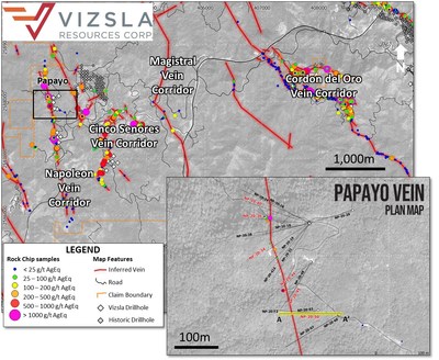 Figure 1: Plan view of Papayo prospect with drill hole locations labelled and surface sampling locations shown. (CNW Group/Vizsla Resources Corp.)