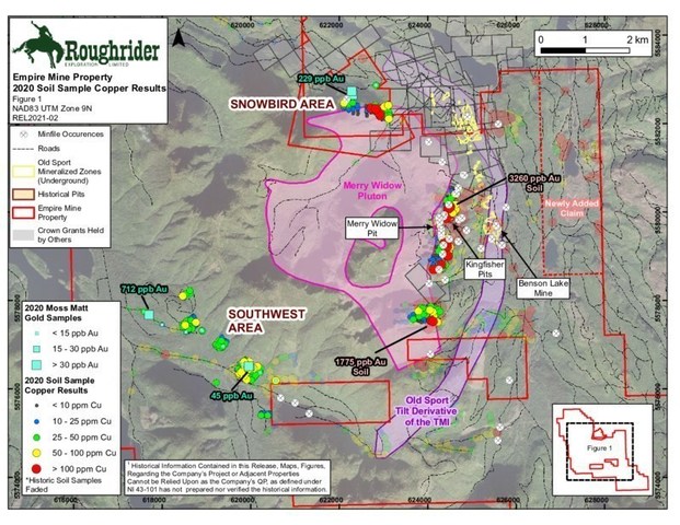 News Release January 25, 2021_Figure 1: Empire Mine Property 2020 Area of Exploration, Cu Results (CNW Group/Roughrider Exploration Limited)