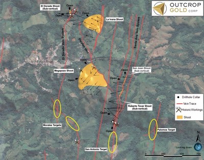 Map 1: Five shoots discovered to date, drill-holes, mapped and projected veins and four target areas based on trenching and soils anomalies. This map correlates with the area of ground geophysics in maps 2 and 3, and the compilation in Map 4. (CNW Group/Outcrop Gold Corp.)