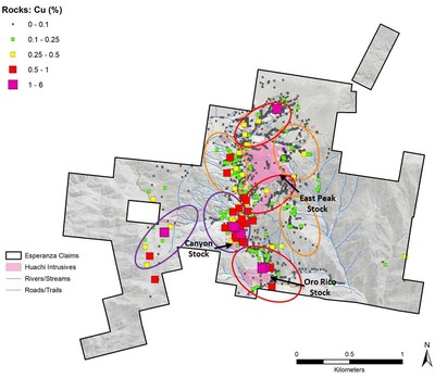 Figure 2: Rock samples (copper) and exploration targets (circled) at Esperanza. (CNW Group/Libero Copper & Gold Corporation.)