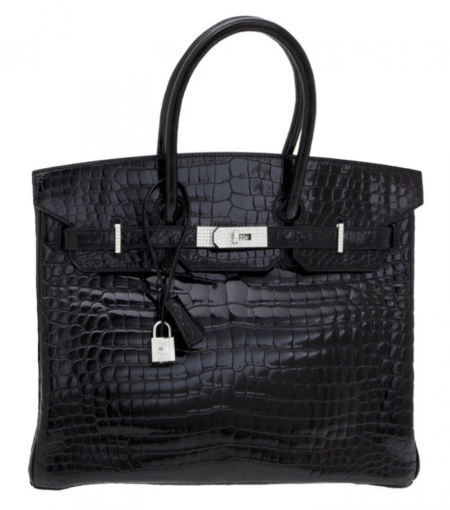 Hermès shiny black Porosus crocodile, 10.70ctw diamond and white gold Birkin 35 handbag. Sold by Christie's through LiveAuctioneers for $287,500