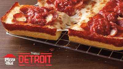 Pizza Hut today introduces new handcrafted Detroit-Style pizza nationwide, its unique twist on the hottest trend in pizza. Available in four recipes, each Detroit-Style pizza is rectangular in shape, features cheese all the way to the edge, is loaded with toppings and finished off with a vine-ripened tomato sauce on top. The Double Pepperoni in particular is a work of pizza art boasting 80 pepperoni including, 48 slides of Crispy Cupped Pepperoni which provides a crunchy texture and zesty flavor