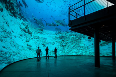 Cosm team members admire their work during an early test of the one of a kind DomeX LED display.