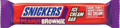 The new SNICKERS® Peanut Brownie Ice Cream bar features brownie-flavored ice cream with chewy brownie bits, topped with a thin layer of caramel and peanuts and covered in a milk chocolate-y coating.