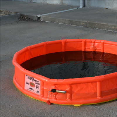 Constructed of rugged, reinforced polyurethane material, the Inflatable Containment Tank™ can contain a wide range of petroleum products and chemical spills.