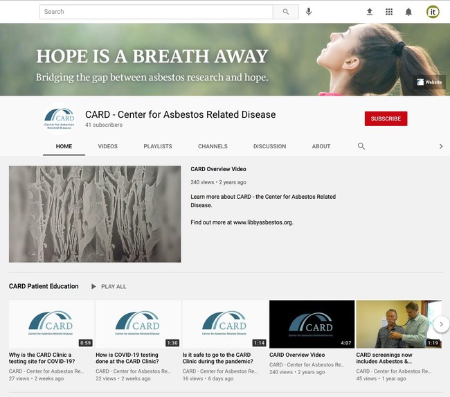 The Center for Asbestos Related Disease (CARD) has instituted a new Patient Education video series on YouTube for their current patients, physicians and the public in general.