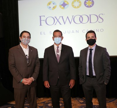 Mashantucket Pequot Tribal Nation Chairman Rodney Butler, Governor of Puerto Rico, Honorable Pedro Pierluisi, and LionGrove Founder and CEO Andro Nodarse-León, announcing plans to open Foxwoods El San Juan Casino at the Fairmont El San Juan Hotel, Puerto Rico