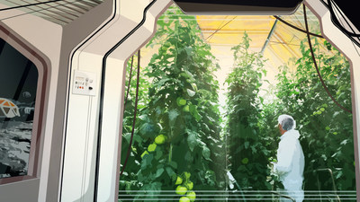 Artist’s rendition of UbiQD’s quantum dot-enabled greenhouse film, UbiGro™, installed in a lunar greenhouse growing tomatoes. Photo credit: UbiQD, Inc. (PRNewsfoto/UbiQD, Inc.)