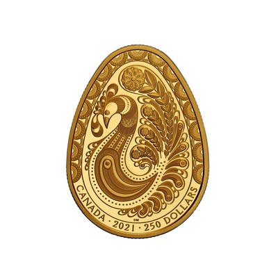 The Royal Canadian Mint's new pure gold Pysanka coin featuring a meticulously engraved design celebrating the eternal renewal of the spring season 
