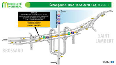 R132 est, secteur pont Samuel-De Champlain  Brossard, fin de semaine du 29 janvier (Groupe CNW/Ministre des Transports)