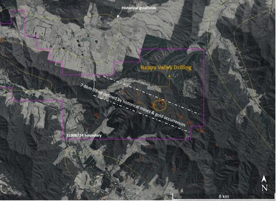 Figure 2- Happy Valley target is a significant trend, which extends over 7km along strike and is defined by multiple historic mines and gold occurrences. (CNW Group/E79 Resources Corp.)