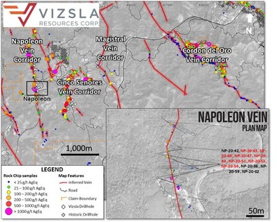Figure 2: Plan map showing location of drilling with detailed inset of Napoleon prospect. (CNW Group/Vizsla Resources Corp.)