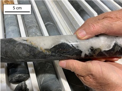 Figure 3: Larkin Zone drill core from hole EL-EA2-023E (227.3m) showing visible gold seam on a quartz vein margin with altered basalt host. (CNW Group/Karora Resources Inc.)