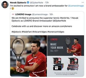 La marque de cartouches d'imprimantes LEMERO annonce la nomination de Novak Djokovic comme ambassadeur de la marque