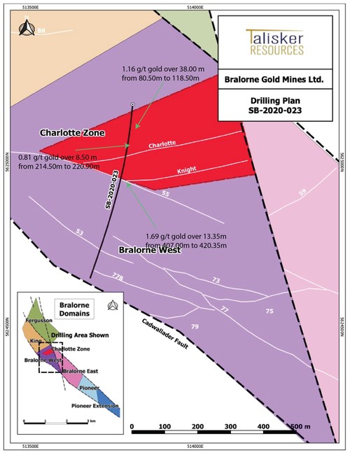 Figure 1: Map of the Bralorne Gold Project showing drill traces from today’s release, major high-grade vein structures projected to surface (white) and surface infrastructure. (CNW Group/Talisker Resources Ltd)