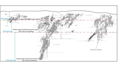 Figure 2: Long section of the Bralorne Gold Project showing the relative target depths for 1) near-surface bulk tonnage gold mineralization (surfacer to 300m), high-grade veins targeted for resource drilling in 2021 (300m to 700m) and high-grade veins at depth that could be drilled in 2021 but will not be the focus of the 2021 resource drill program (700m to ~2,000m). (CNW Group/Talisker Resources Ltd)