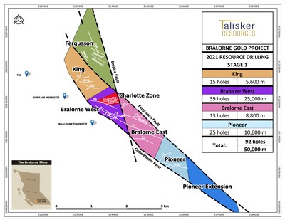 Figure 1: Map of the Bralorne Gold Project showing major high-grade vein structures projected to surface (white) and surface infrastructure. (CNW Group/Talisker Resources Ltd)