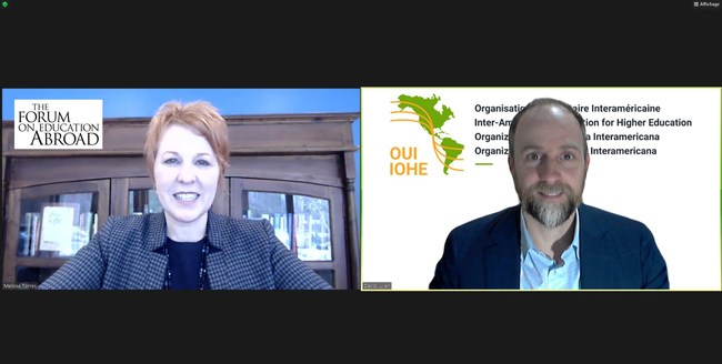 David Julien, Executive Director of the Inter-American Organization for Higher Education (IOHE), and Melissa Torres, President and CEO of The Forum on Education Abroad, meet virtually on February 3, 2021 to finalize the new agreement between the two organizations.