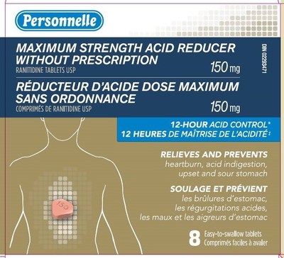 Réducteur d’acide dose maximale de marque Personnelle (8 comprimés) (Groupe CNW/Santé Canada)