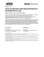 ATCO Ltd. Q4-2020 Pre-Earnings News Release (CNW Group/ATCO Ltd.)