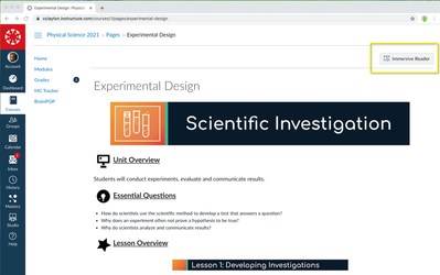 Microsoft Immersive Reader option within Canvas Pages