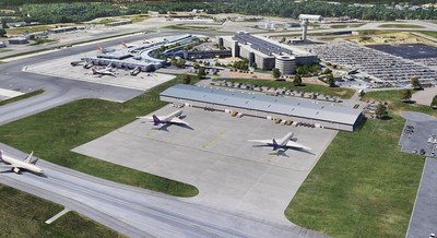 Conceptual rendering of new cargo building at Manchester-Boston Regional Airport as seen departing Runway 35.