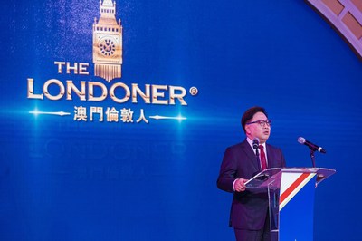 Sands China Ltd. President Dr. Wilfred Wong speaks at the opening ceremony for the first-phase launch of The Londoner Macao Monday at the integrated resort’s Crystal Palace atrium. The Londoner Macao will continue to open progressively throughout 2021.