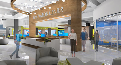 Reception desk rendering at Alan B. Levan | NSU Broward Center of Innovation which has broken ground in Greater Fort Lauderdale/Broward County. Slated to open in July 2021, construction has begun on the 54,000-sq-ft space that occupies the top floor of the Alvin Sherman Library on the NSU campus.