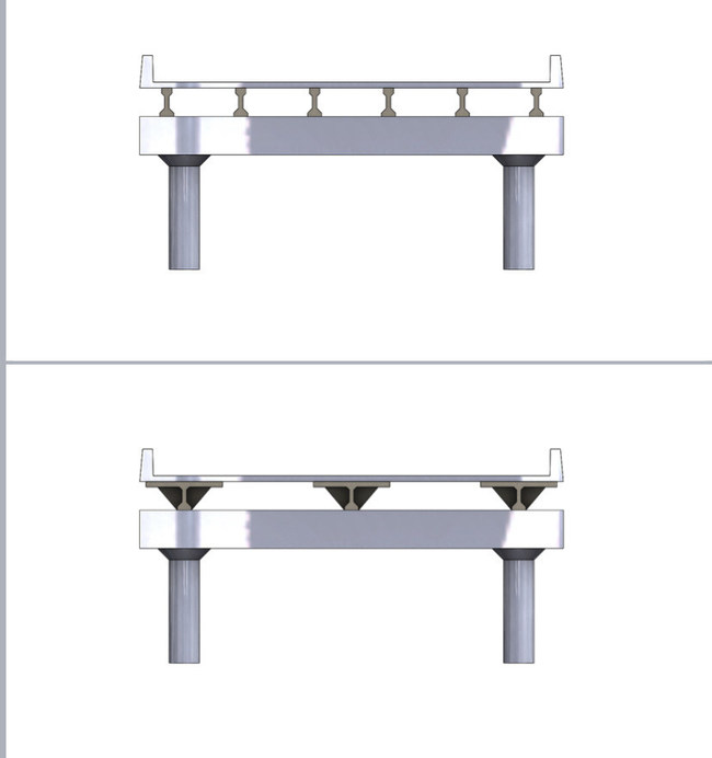 Top - typical cross section / Beams; Bottom; EA Girder System, less weight, fewer intermediary columns and footings