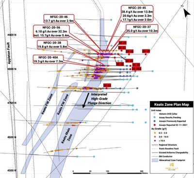 Figure 1. Reported and pending holes at Keats Zone (CNW Group/New Found Gold Corp.)