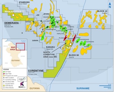 (1) Block acreage reflects the proposed 25% relinquishment that has been submitted to the Government of Guyana in connection with moving to the second renewal period of the Corentyne and Demerara PPLs. Final relinquishment details remain subject to government approval. (CNW Group/Frontera Energy Corporation)