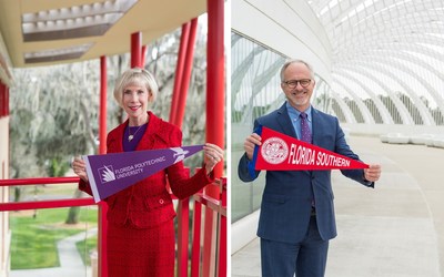 Dr. Anne B. Kerr, president of Florida Southern College, and Randy K. Avent, president of Florida Polytechnic University, celebrate the exclusive new partnership that expands FSC's 4+1 MBA Program to offer a direct and affordable path from an undergraduate degree at Florida Poly to a master's degree at FSC. (Photo by Jordan Weiland)