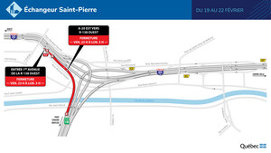 Entrave dans l'échangeur Saint-Pierre durant la fin de semaine du 19 février 2021 - Autoroute 20 et route 138 dans l'arrondissement de Lachine à Montréal