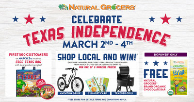Natural Grocers will celebrate Texas Independence Day on March 2-4 with Texas-themed freebies, free Natural Grocers Brand Organic Chocolate Bars, and Shop & Win, a chance to win prizes such as a Traeger Grill or an electric bike by purchasing selections from over 1,400 Texas-made products.