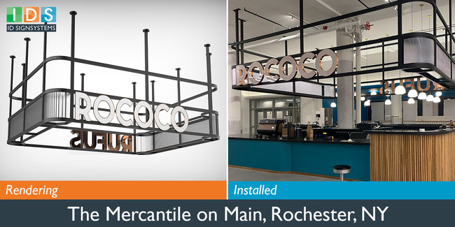 From rendering to installation, ID Signsystems' design facilitation process brought to life a 1930s Art Deco style success recently for The Mercantile on Main in Rochester, NY. ID Signsystems collaborated with branding specialists Partners + Napier to support their vision for a new collection of signs for the famed restaurant hub.