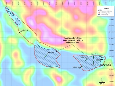 Figure 3 – Plan view of MacDiarmid Property – Outline of Gravity Low and Magnetic High geophysics anomaly with historic drilling/logs over top of gravity gradient, MacDiarmid Township, Ontario. Note: Property continues beyond map boundary. (CNW Group/Canada Nickel Company Inc.)