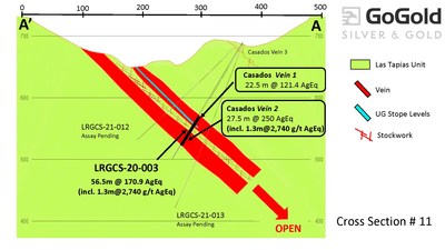 Figure 3: Cross Section – Casados Hole LRGCS-20-0003 (CNW Group/GoGold Resources Inc.)