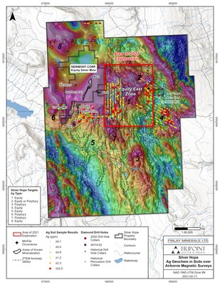 Silver Hope - Silver Geochemistry in Soils over Airborne Magnetic Survey Map (CNW Group/Finlay Minerals Ltd.)