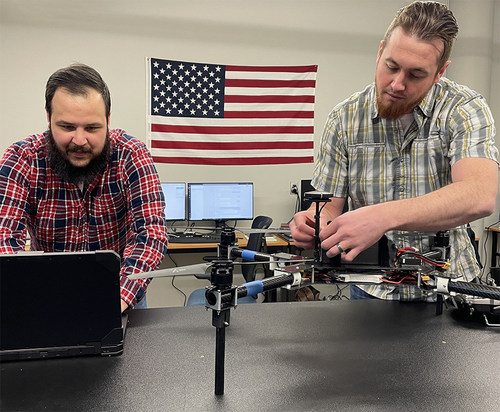 Berry Aviation's expansion into autonomous and unmanned aviation is creating job opportunities for highly-skilled labor in Oklahoma. Thomas Blem (L) and Aron Felder (R), both Oklahoma State University graduates, perform final checks on an American designed and manufactured drone at Berry Aviation's Stillwater integration shop. Photo courtesy of Berry Aviation, Inc.