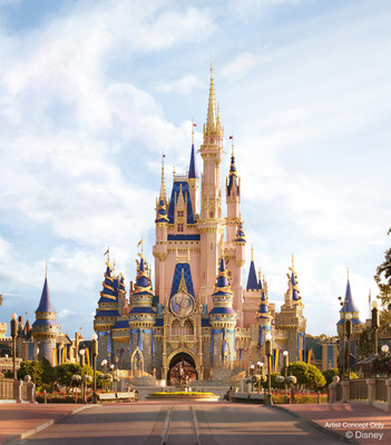 In this artist rendering, Cinderella Castle shines with new golden and EARidescent décor at Magic Kingdom Park as part of “The World’s Most Magical Celebration,” which begins Oct. 1, 2021, in honor of the 50th anniversary of Walt Disney World Resort in Lake Buena Vista, Fla. (Disney)