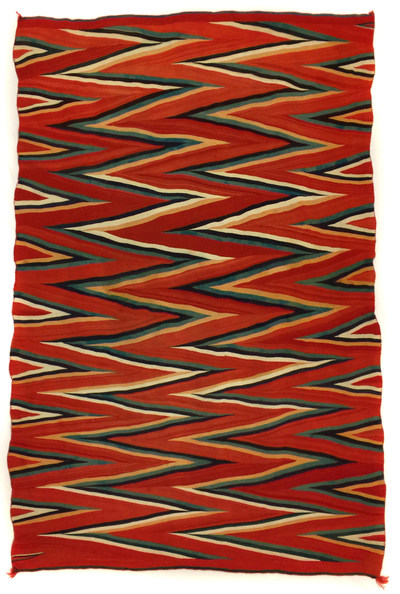 On offer from Mark Sublette of the Medicine Man Gallery. This is a rare Navajo wedge weave blanket with raveled and Germantown yarns that has never before been on offer to the public. This blanket is 85.5 inches by 56.5 inches, and was made circa 1875-1885.