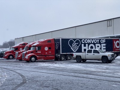 Disaster relief organization Convoy of Hope loads their fleet of tractor trailers with water and supplies bound for Texas at their Springfield, MO distribution center.