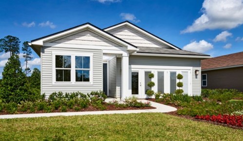 The ranch-style Larimar model home at Tributary in Yulee, Florida, offers abundant curb appeal.