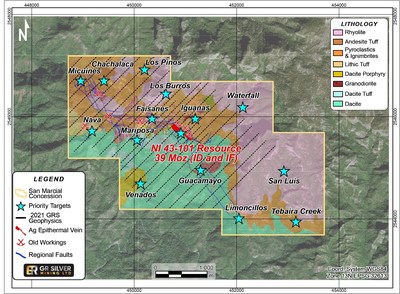 Figure 1: San Marcial – Concession, Geology, Targets and Geophysical Survey Lines (CNW Group/GR Silver Mining Ltd.)