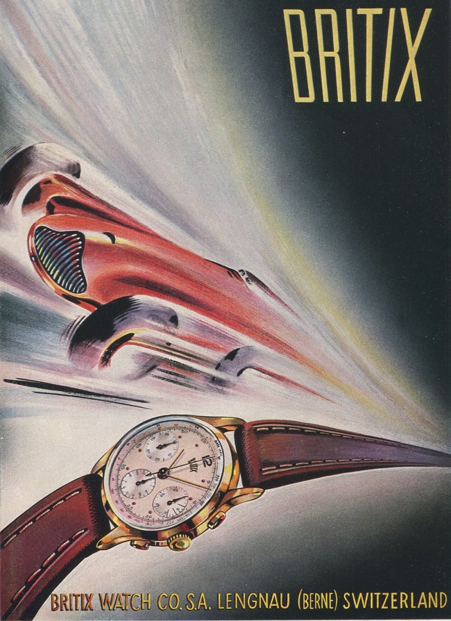 BRITIX watch advertisement 1948: BRITIX chronograph with racing car (inspired by Alfetta Alfa Romeo 159)