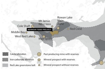 Figure 4:  Location of the Newman Todd Project owned 100% by Trillium Gold Mines, including producing and past producing mines, mineral prospects, as well as the Red Lake Greenstone belt, geology and alteration packages (CNW Group/Trillium Gold Mines Inc.)