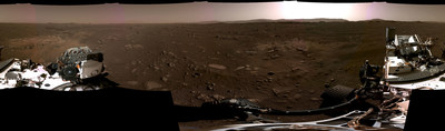 Panorama, taken on Feb. 20, 2021, by the Navigation Cameras, or Navcams, aboard NASA’s Perseverance Mars rover. (Credit: NASA/JPL-Caltech)