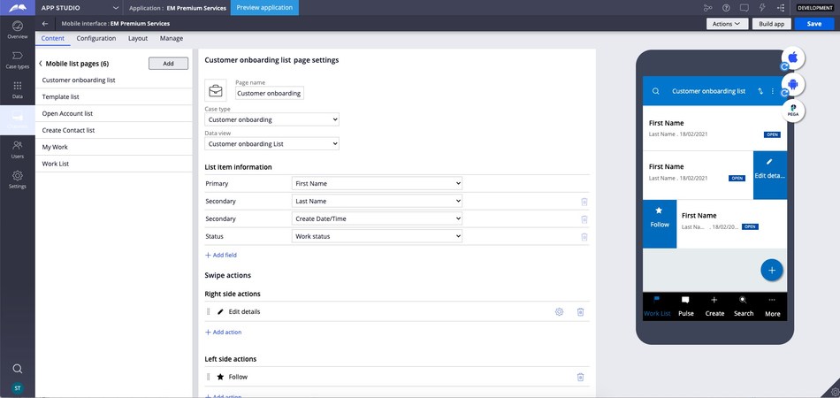 This screen shot demonstrates the new Pega Mobile capabilities which guide the user to design enterprise mobile apps with an intuitive low-code authoring interface to easily add mobile list pages, swipe actions, and customizable branding options.